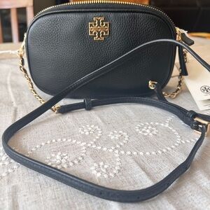 TORY BURCH• Britten Black Leather Camera Bag with Gold Logo